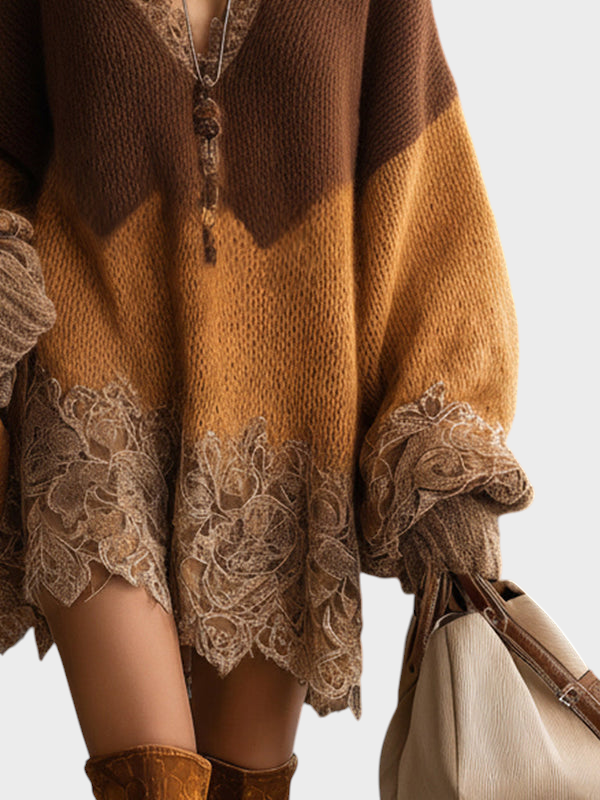 Mille | Brown Ombre Knitted Lace Oversized Mini Dress With Long Sleeves