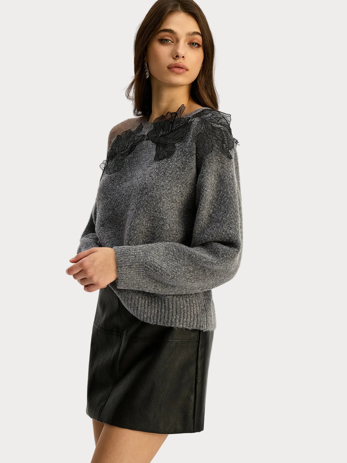 Basha | Floral lace semi-sheer sweater with a round neckline