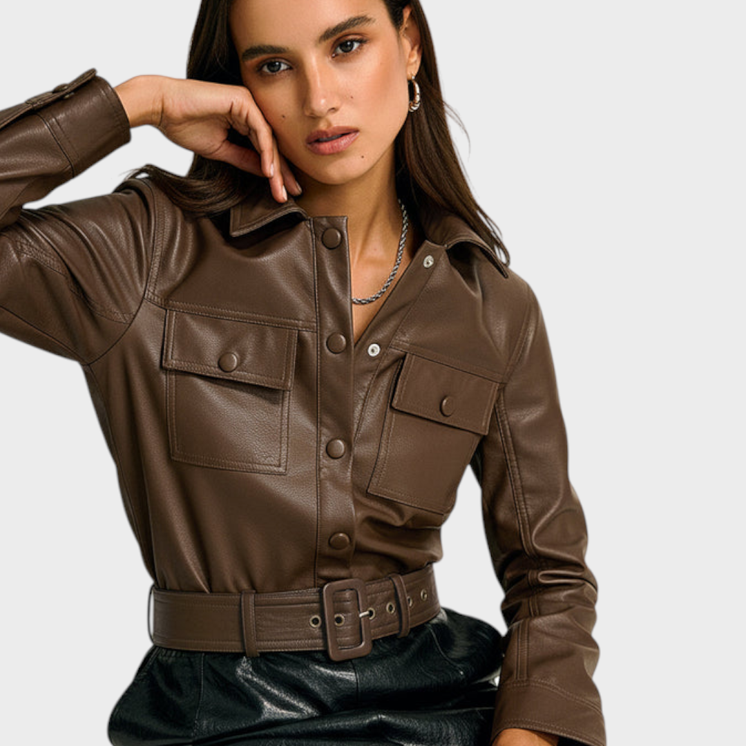 Merlinda | PU Leather Cargo Jacket Shirt with Belt