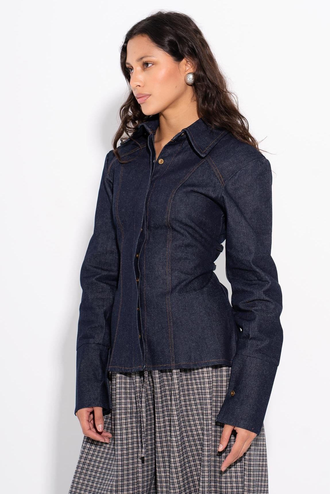 MILA -Fitted Denim Shirt - Navy