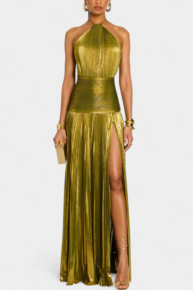 Emma Metallic Halter Open Back Dress