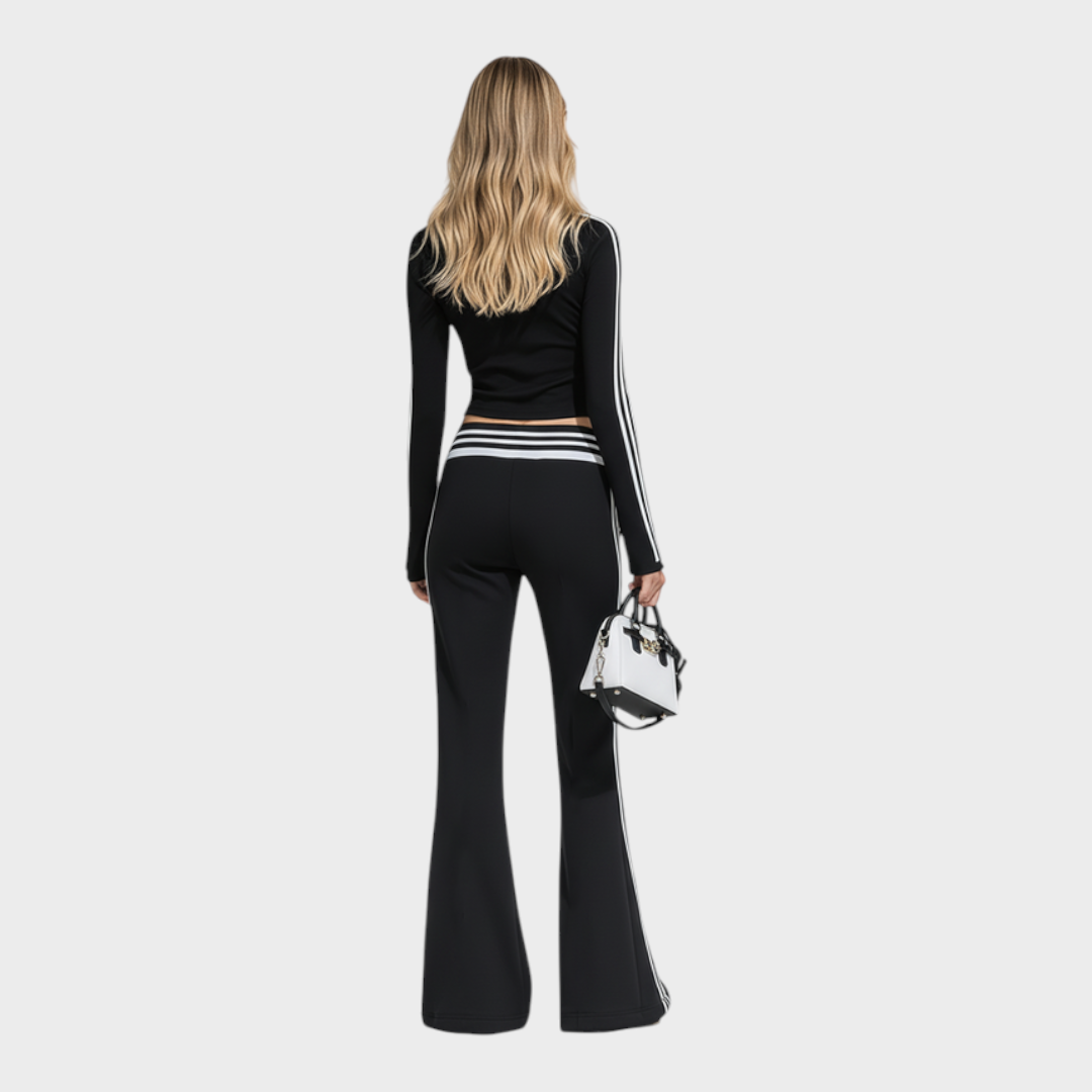 Rowena | Sporty And Stylish Stand-up Collar T-shirt And Flared Pants Set