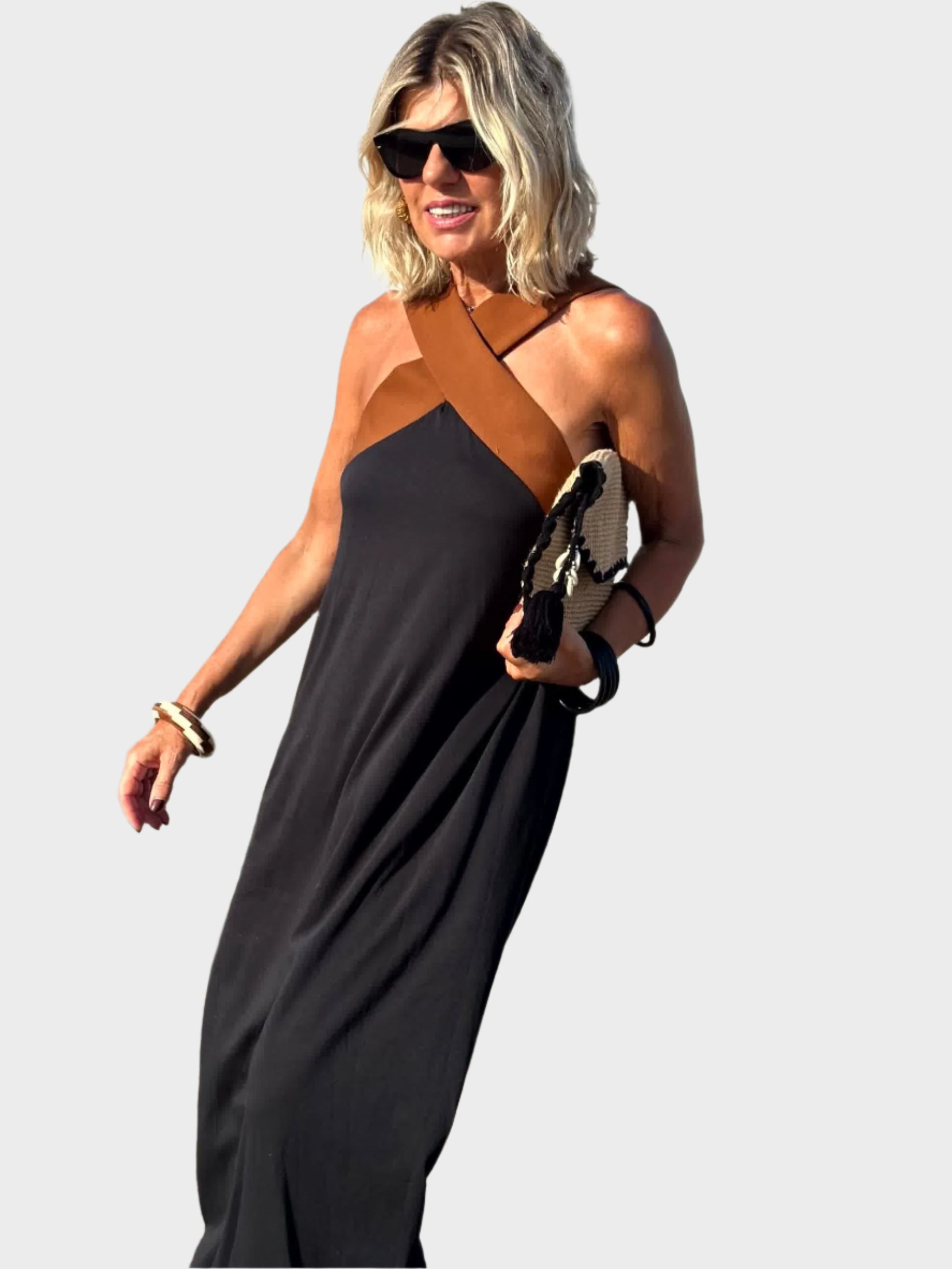 Elegant Dress with Open Back and Modern Cross Neck