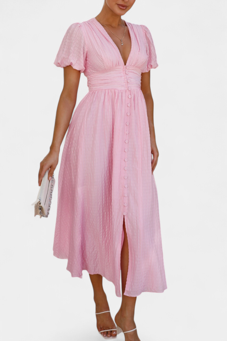 Mélia Maxi Dress with V-Neck and Puff Sleeves