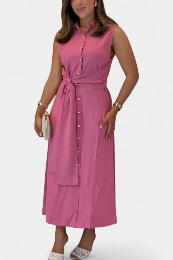 Behnaz Elegant Sleeveless Dress with Belt and Shirt Collar