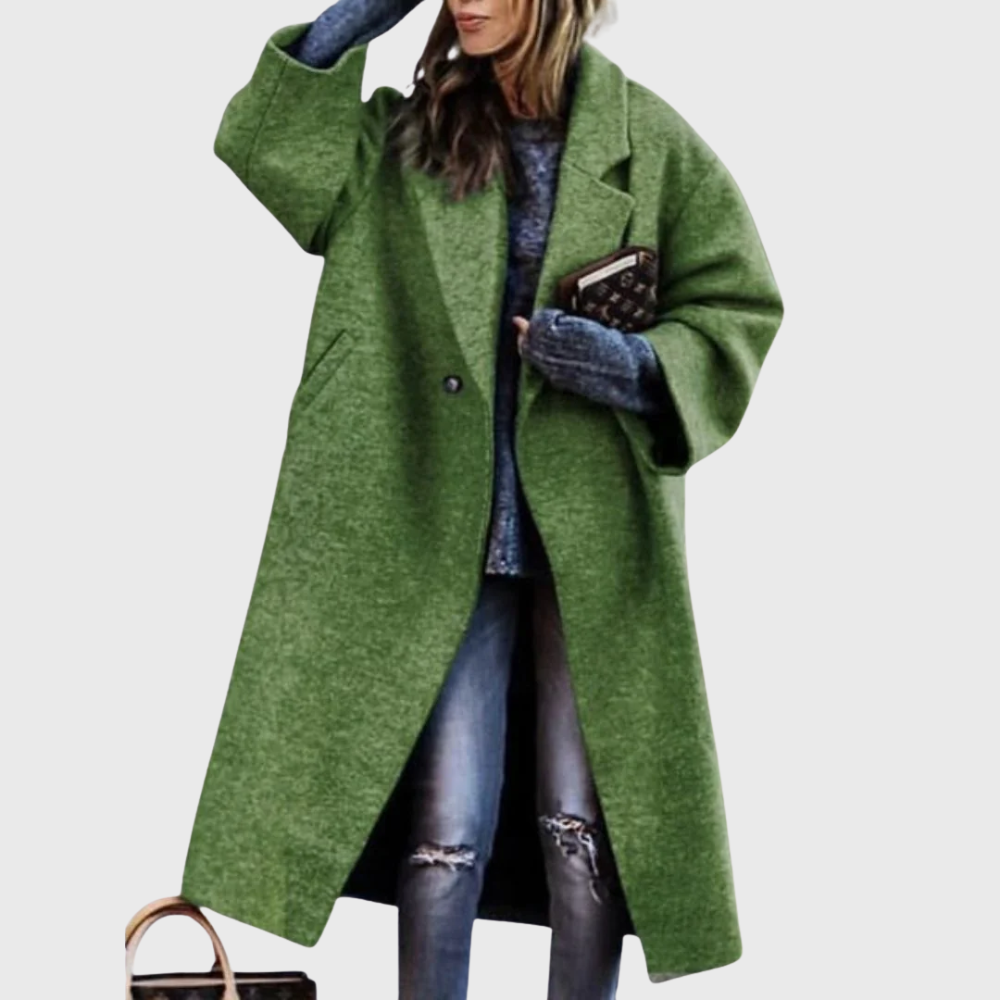Wide-cut coat with wrap closure