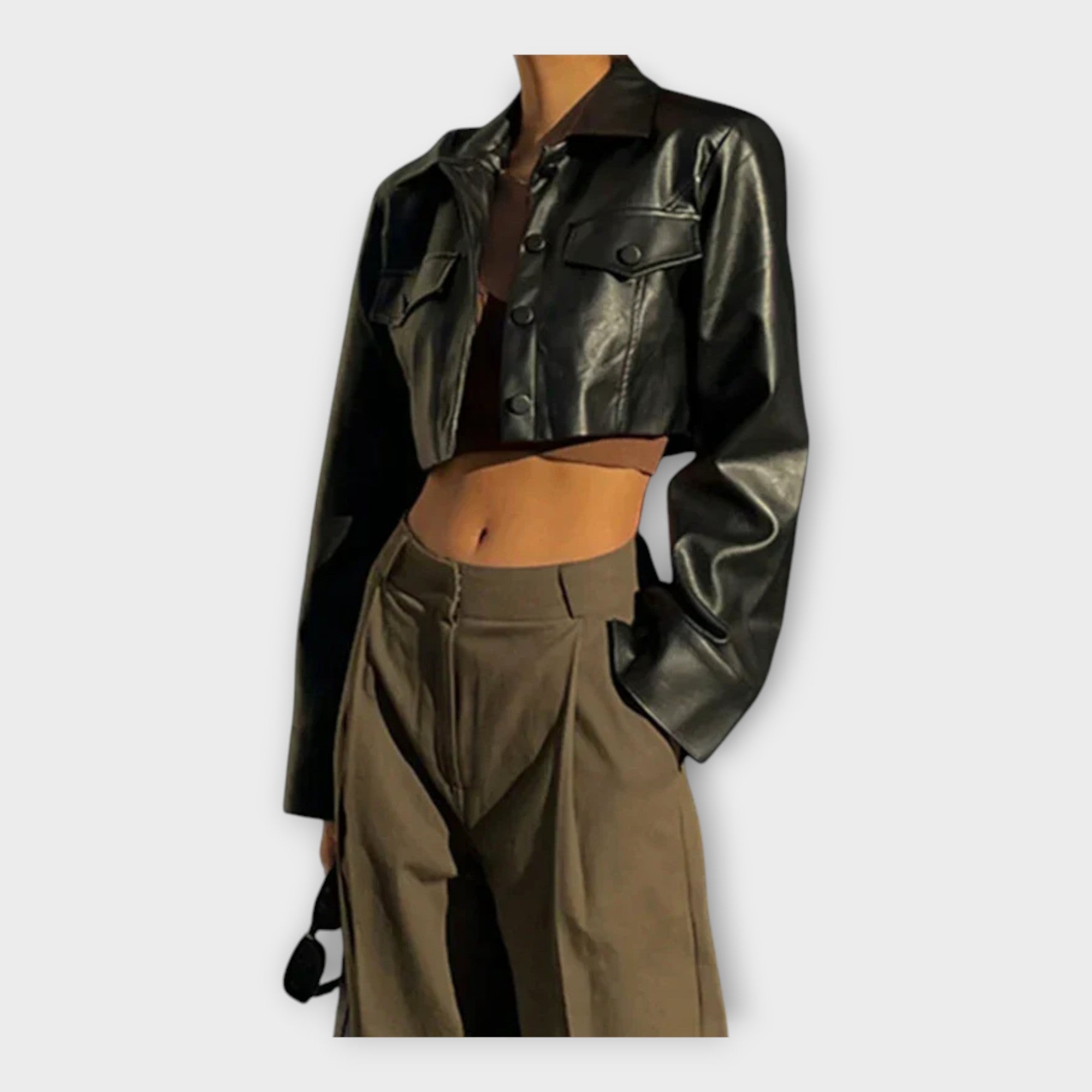 Short Leather Jacket with Pockets