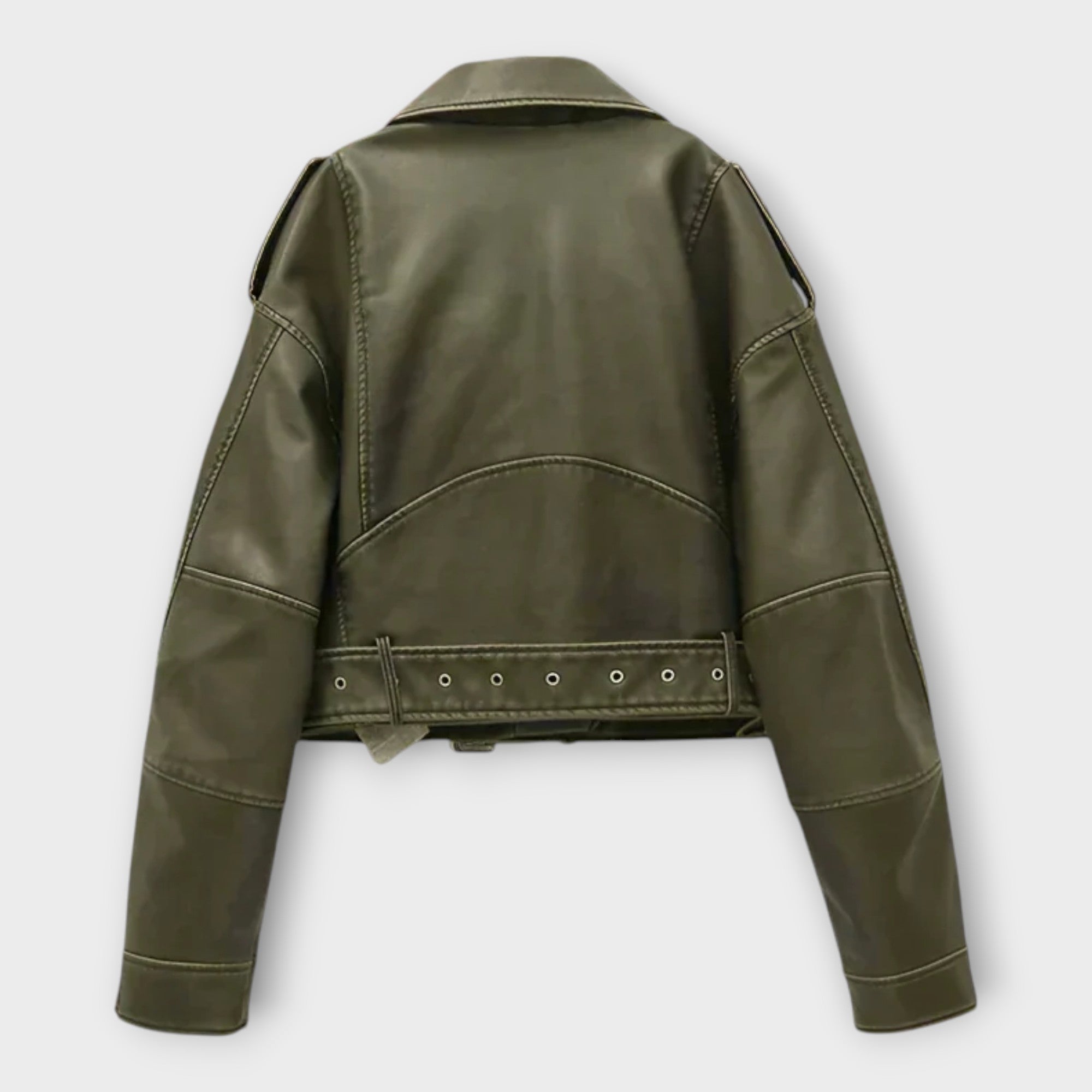 Modern Short Leather Jacket with Belt and Sophisticated Aesthetics