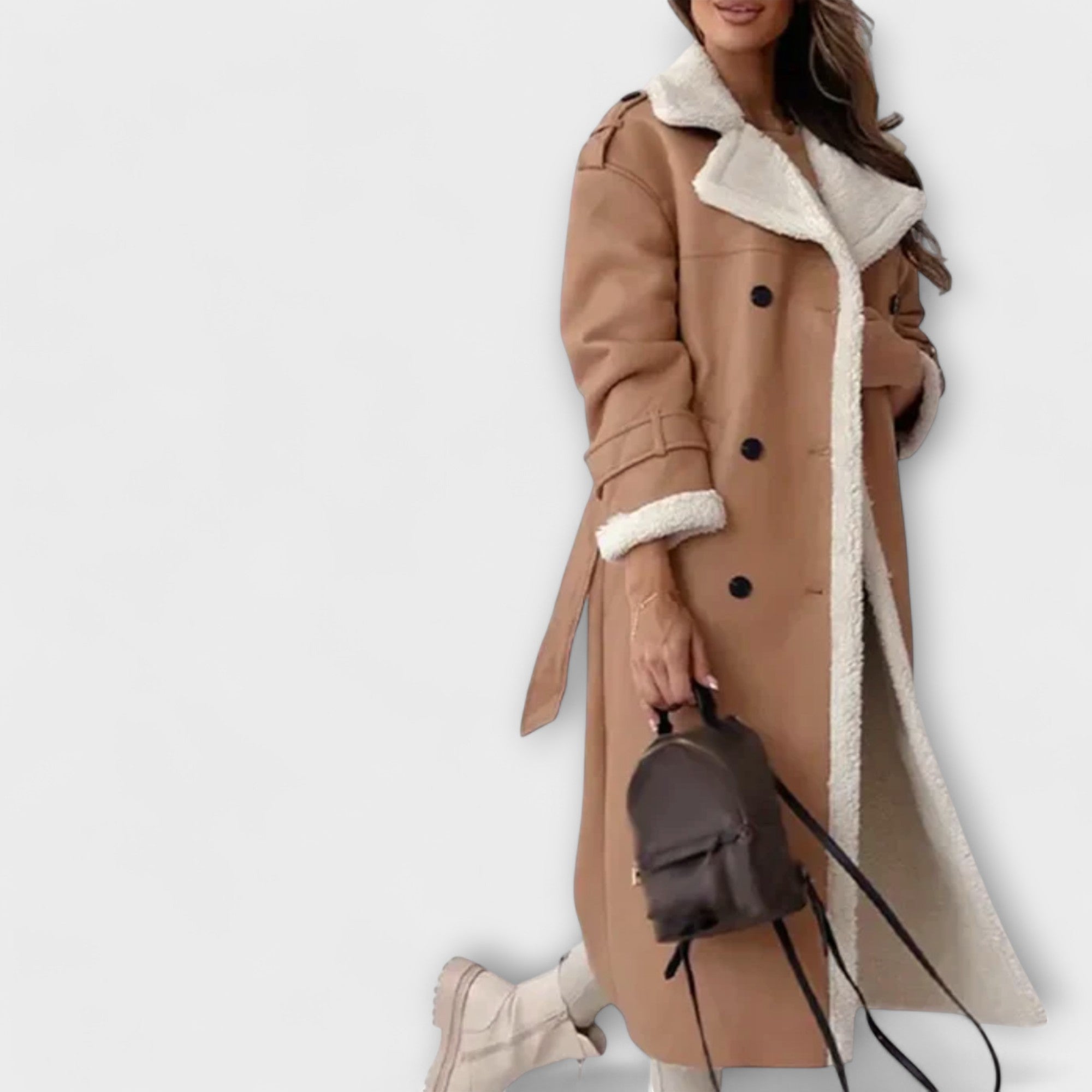 Maria – Classic long coat with fleece lining and fur collar