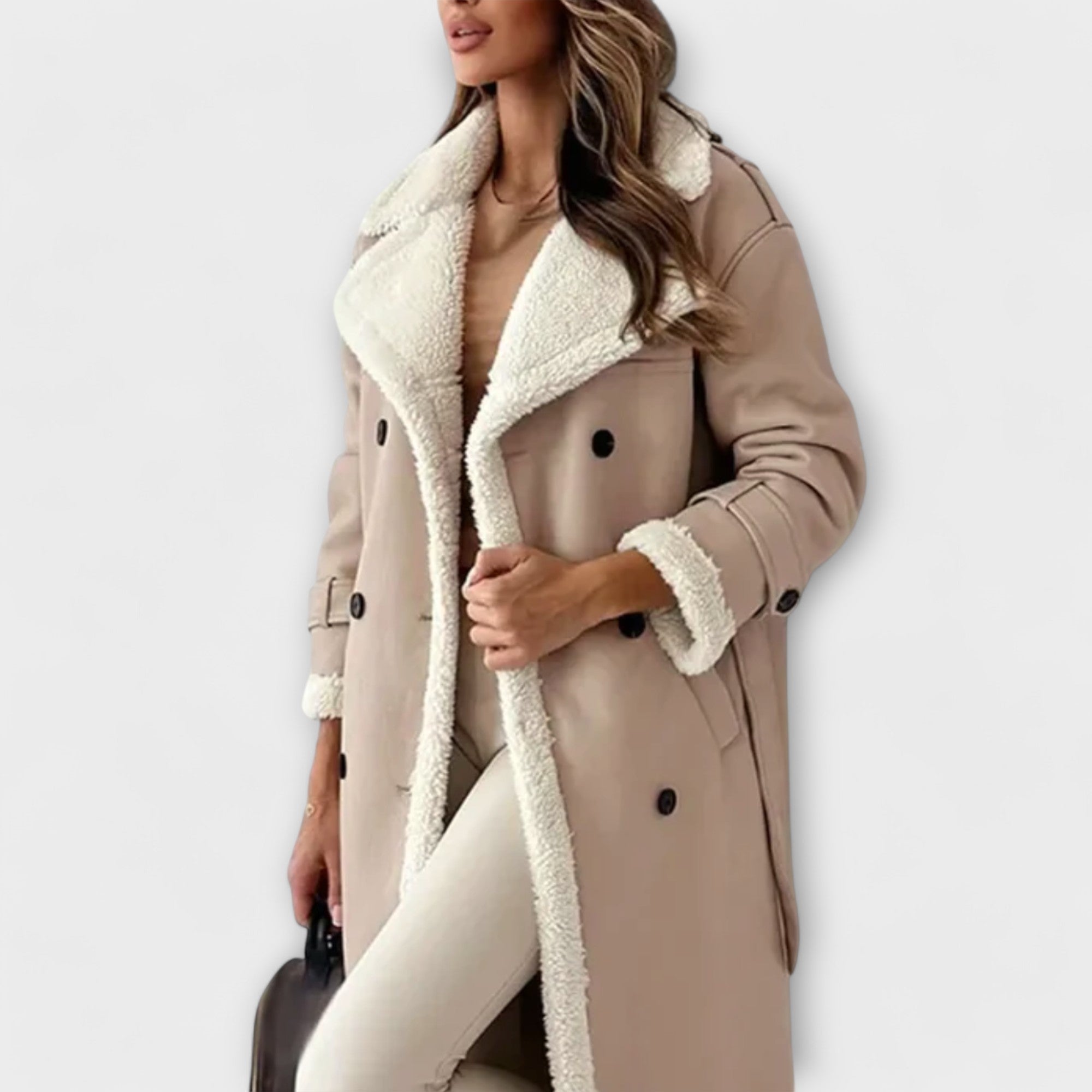 Maria – Classic long coat with fleece lining and fur collar