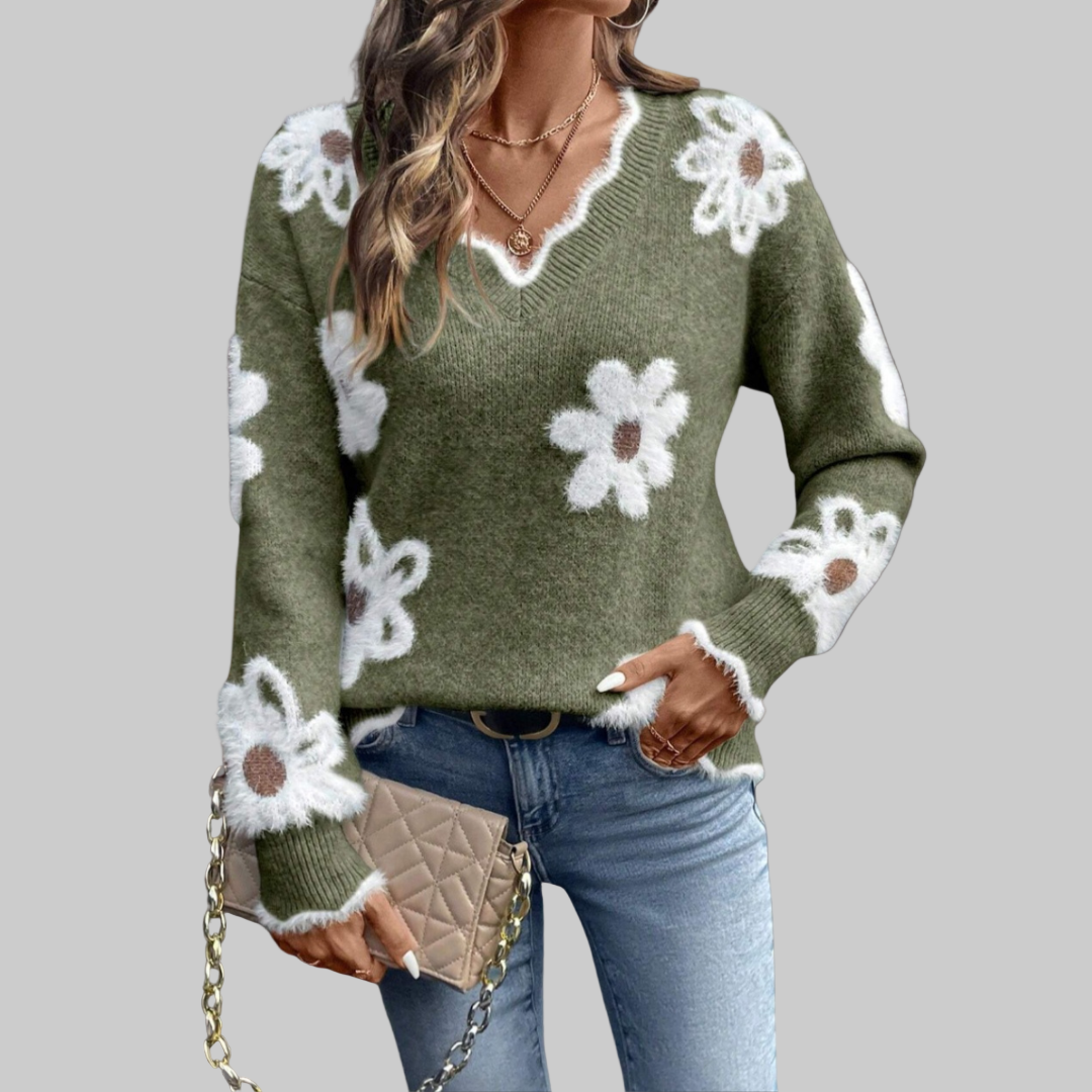 THEA | CLASSIC KNIT WITH FLOWERS AND V-NECK