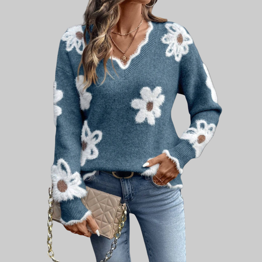 THEA | CLASSIC KNIT WITH FLOWERS AND V-NECK
