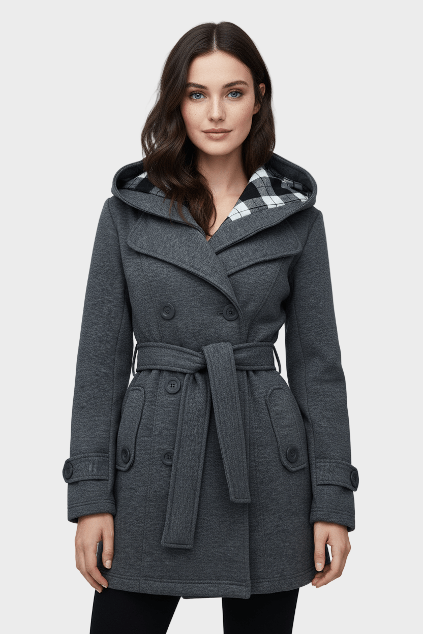 Hermione | Women's Double-Breasted Wool Blend Coat with Hood and Waist Belt