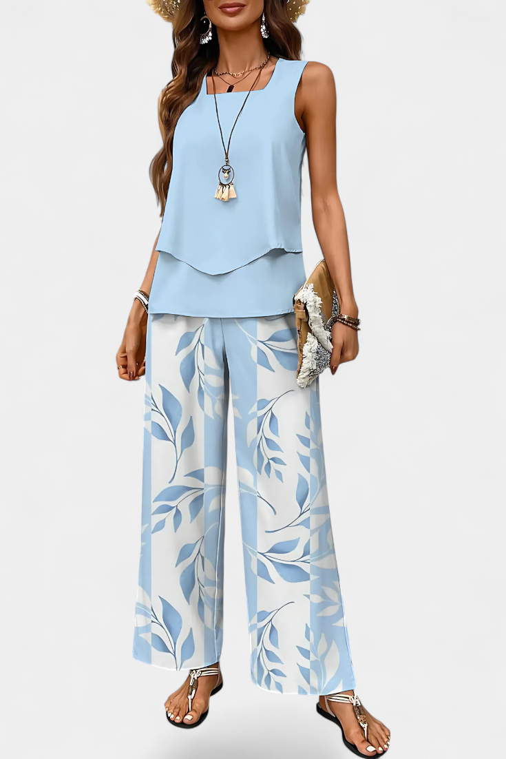 Martina Elegant Boho Sleeveless Set with Patterned Straight Pants