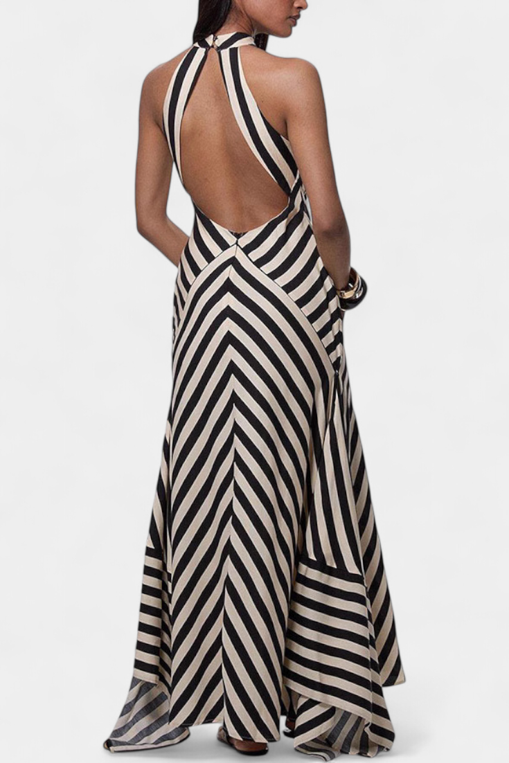 Crispina Striped Halter Maxi Dress with Flowing Line