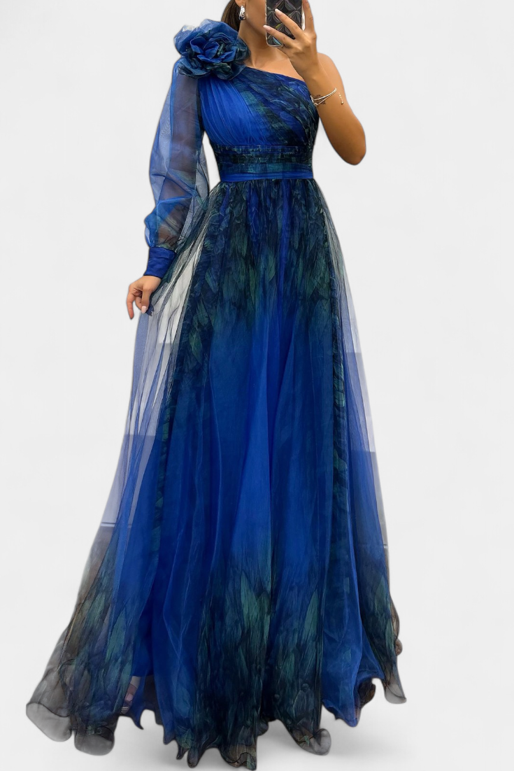 Becca Off-the-Shoulder Chiffon Maxi Dress with Voluminous Flower