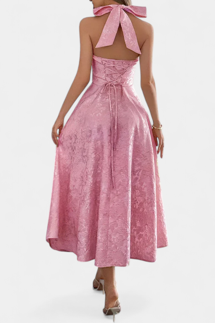 Gilda Jacquard Midi Dress with Open Back and High Waist