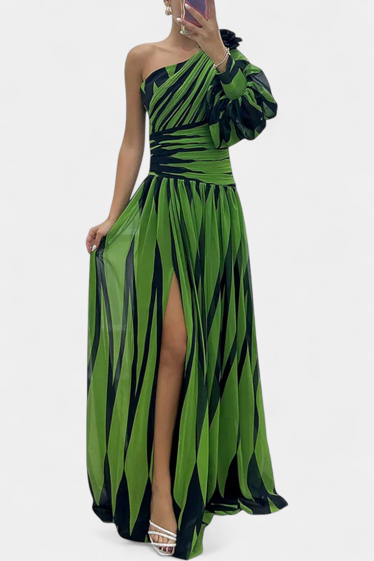 Bethania - Elegant Long Striped One Shoulder Dress