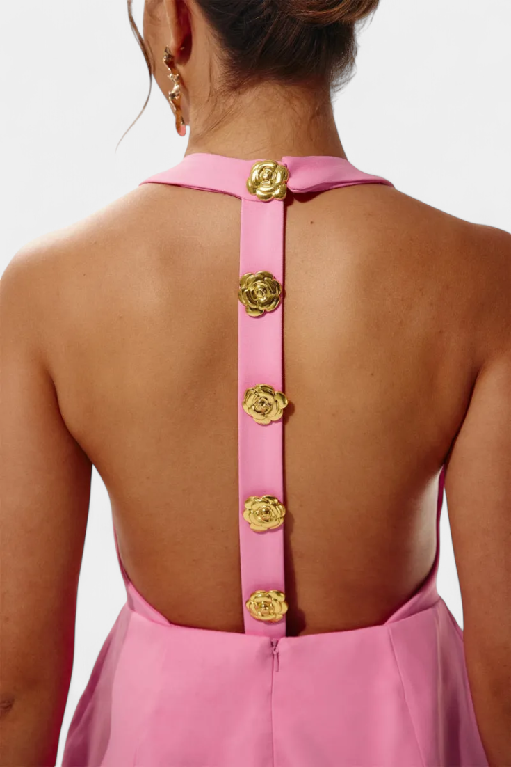 Yvonne Mini Dress with Tie Neck, Open Back and Floral Detail