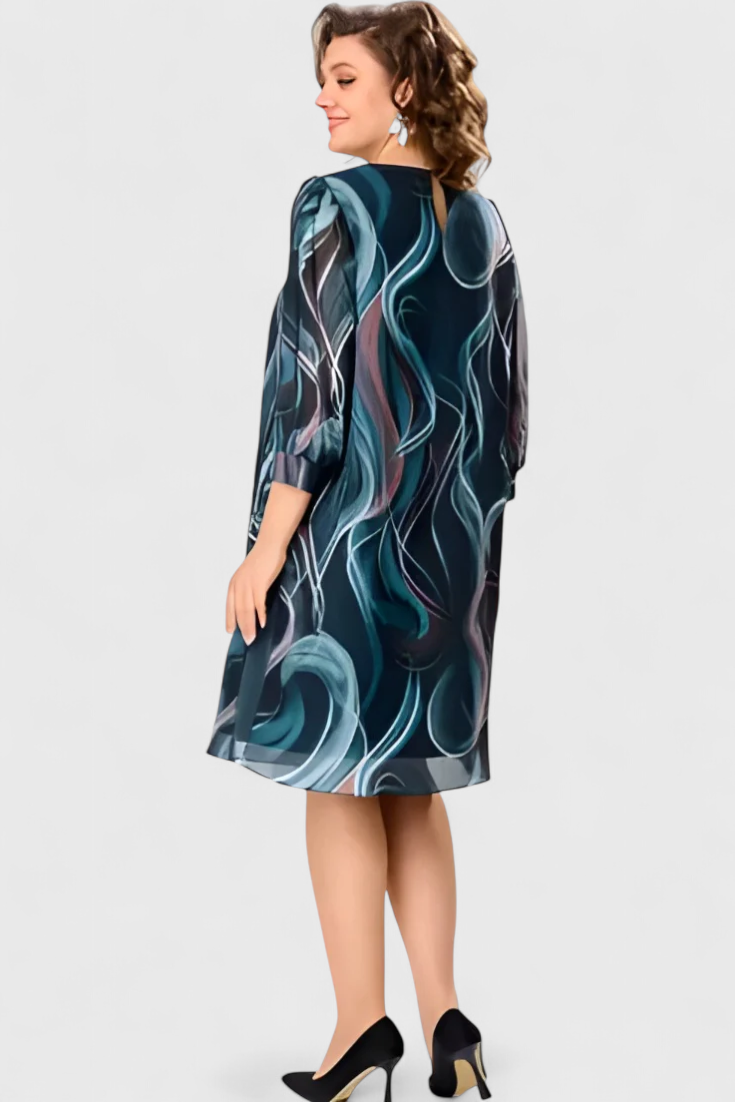 Almira Chiffon Dress with Ocean Whirl Print and Flowing Line