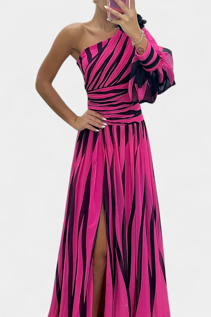Bethania - Elegant Long Striped One Shoulder Dress