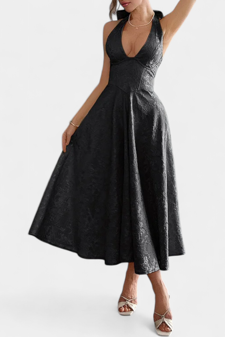 Gilda Jacquard Midi Dress with Open Back and High Waist
