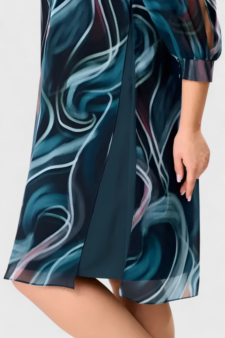 Almira Chiffon Dress with Ocean Whirl Print and Flowing Line