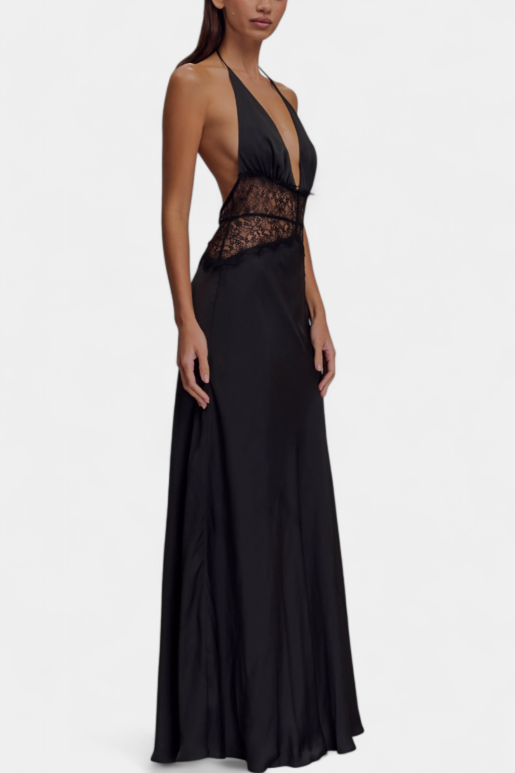 Ashanty Long Dress with Neckline and Sheer Lace at the Waist