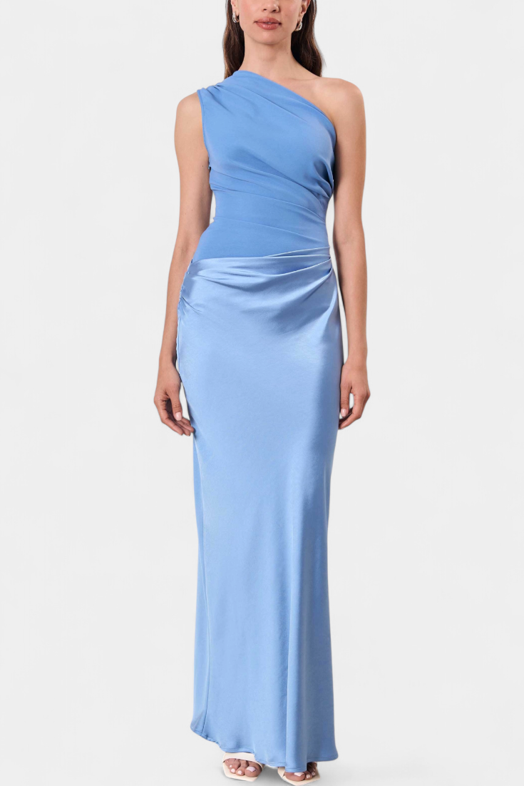 Ottavia Long Pleated One-Shoulder Evening Dress
