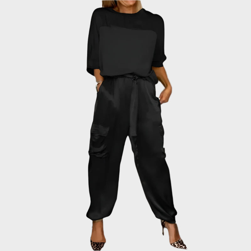 Satin Set with Loose Blouse and Cargo Pants