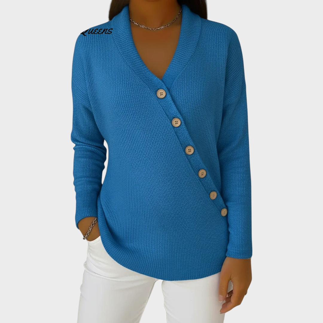 Rizza | Casual solid color sweater with V-neck and slanted buttons