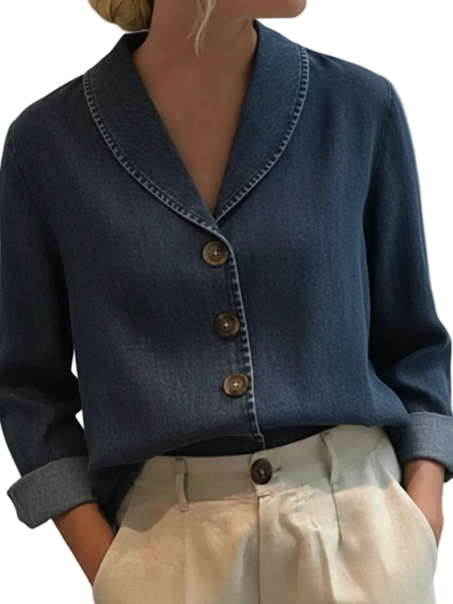 Riley - Vintage Shawl Collar Button-up Denim Cotton Top