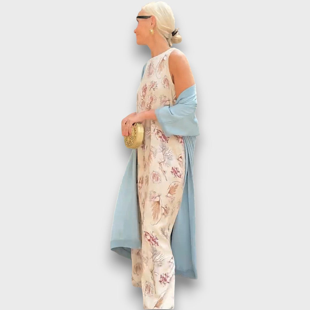 Long Dress with Floral Pattern & Airy Cardigan