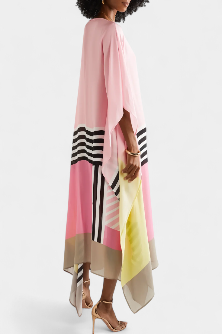 Elenora Kaftan with Geometric Pattern, Wide Line and Butterfly Mesh Fabric