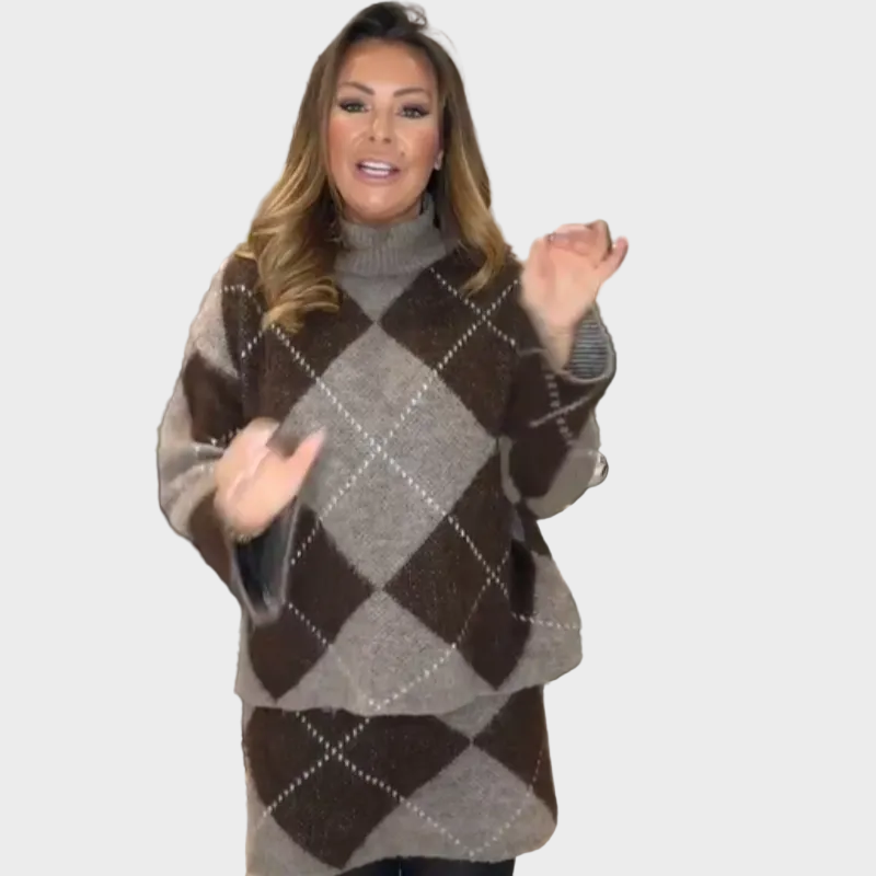 Hira - Diamond Pattern Knit Sweater & Skirt 2-Piece Set