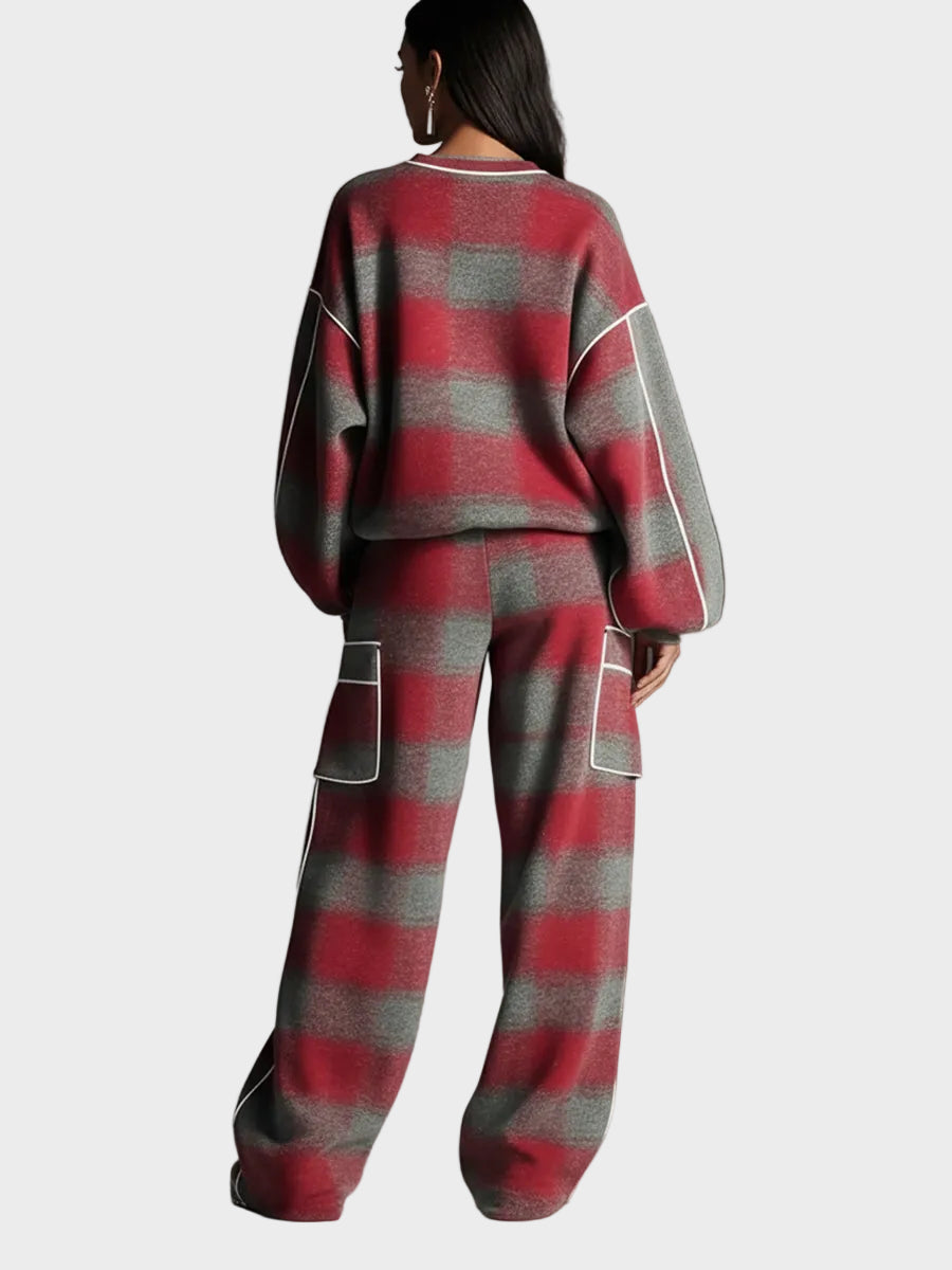 Natasa | Women's Red And Grey Checkered Brushed Distressed Street Style Pants Set With Colored Details